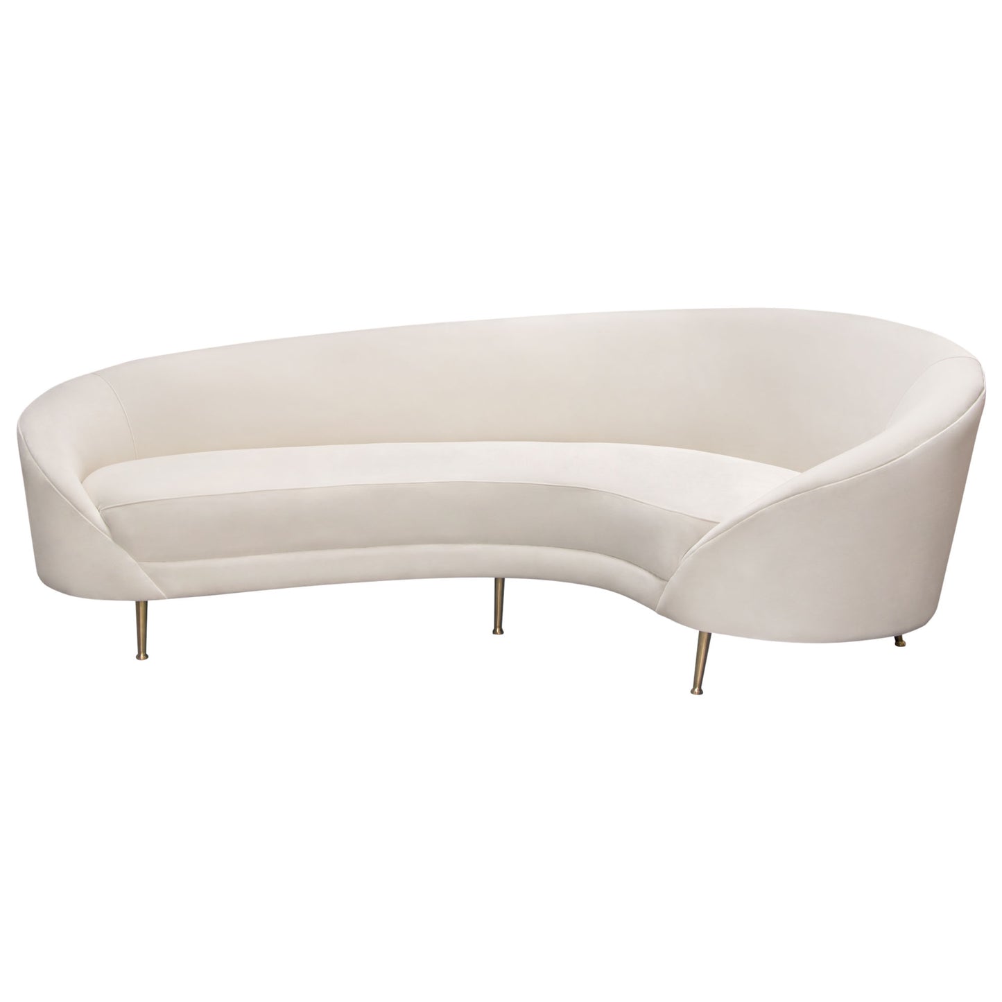 Celine Curved Sofa with Contoured Back in Light Cream Velvet and Gold Metal Legs