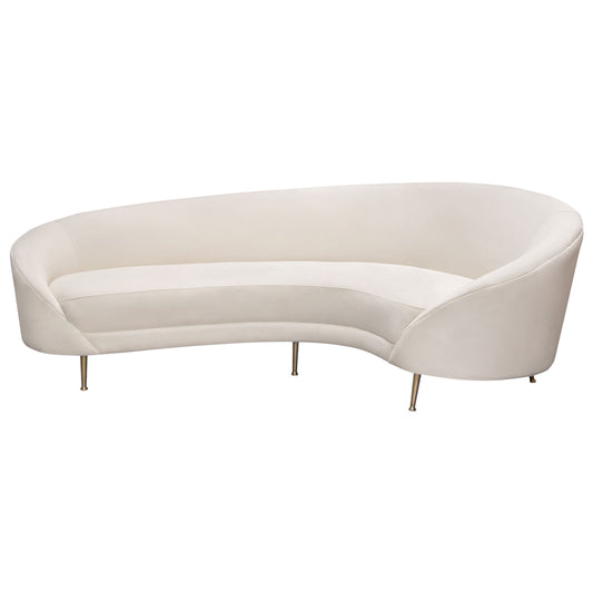 Celine Curved Sofa with Contoured Back in Light Cream Velvet and Gold Metal Legs