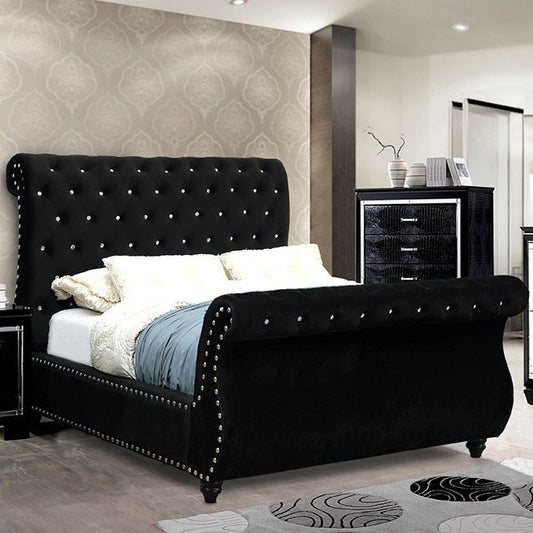 FOA NOELLA Glam Black Velvet-like Fabric Bed CM7128BK