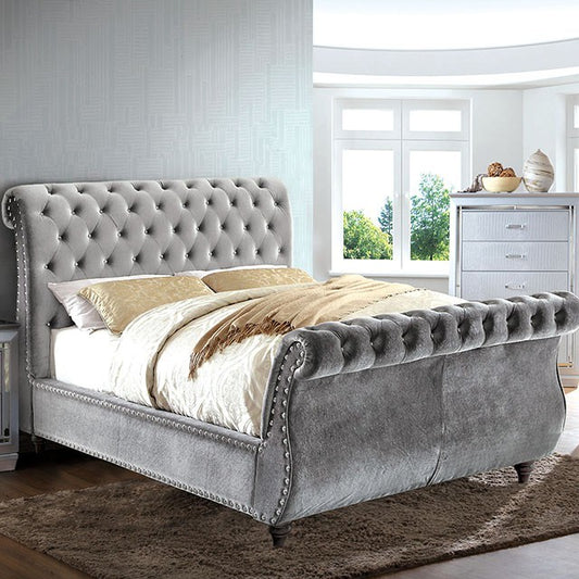 FOA NOELLA Glam Gray Velvet-like Fabric Bed CM7128GY