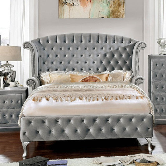 FOA ALZIR Glam Gray Velvet-like Fabric Solid Wood Bed CM7150