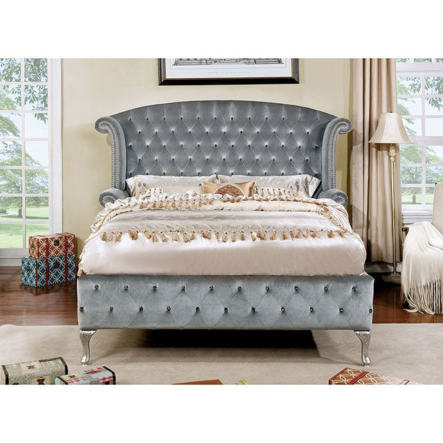 FOA ALZIR Glam Gray Velvet-like Fabric Solid Wood Bed CM7150