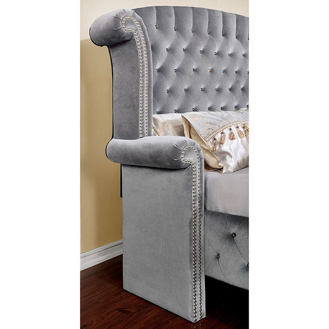 FOA ALZIR Glam Gray Velvet-like Fabric Solid Wood Bed CM7150