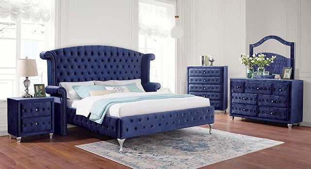 FOA ALZIR Glam Blue Velvet-Like Fabric Solid Wood Bed CM7150BL