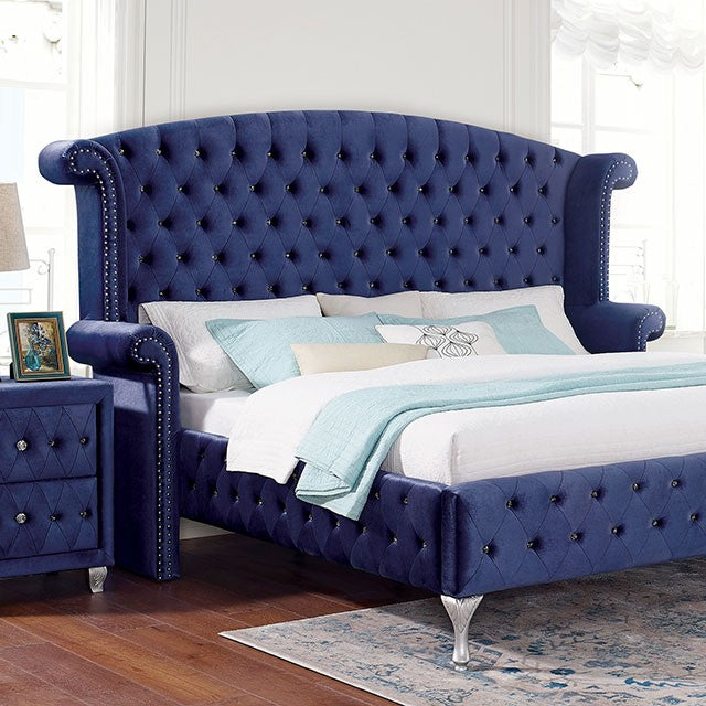 FOA ALZIR Glam Blue Velvet-Like Fabric Solid Wood Bed CM7150BL