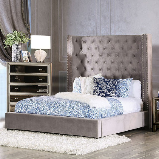 FOA MIRABELLE Transitional Gray Velvet-like Fabric Bed CM7679GY