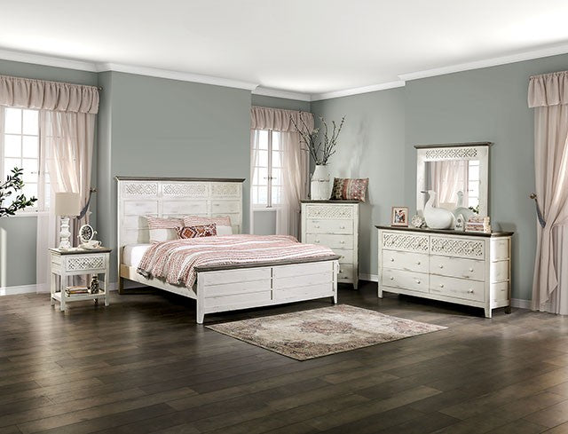 FOA MYRTLEMOORE Rustic Vintage Ivory/Rustic Gray Solid Wood Bed EM7079IV