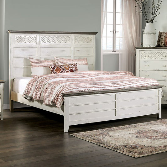 FOA MYRTLEMOORE Rustic Vintage Ivory/Rustic Gray Solid Wood Bed EM7079IV