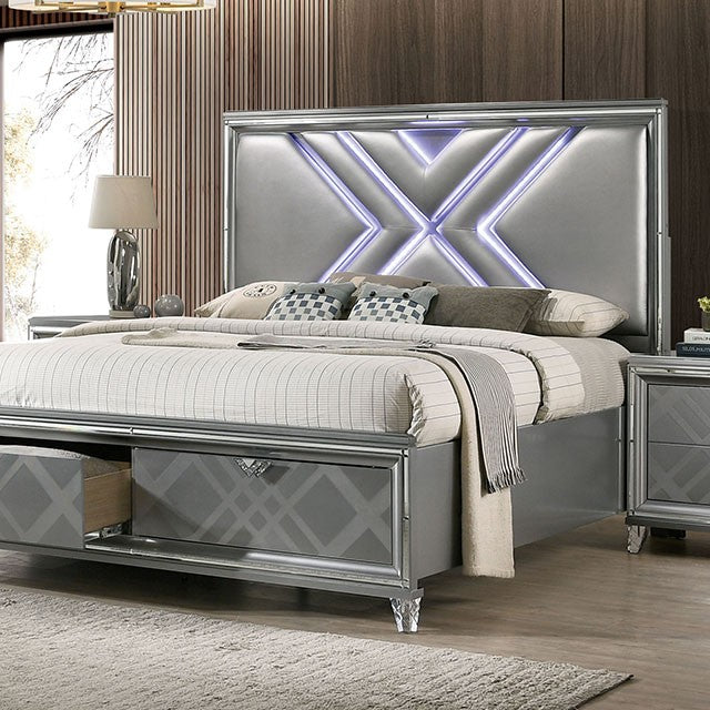 FOA EMMELINE Contemporary Silver Leatherette Bed FOA7147